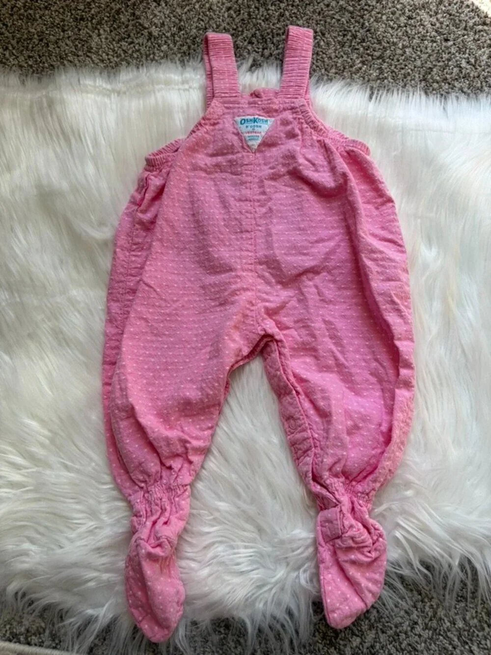 Vintage OshKosh B'gosh Pink White Polka Dot Footed Overall Jumper Baby 6-9 Month